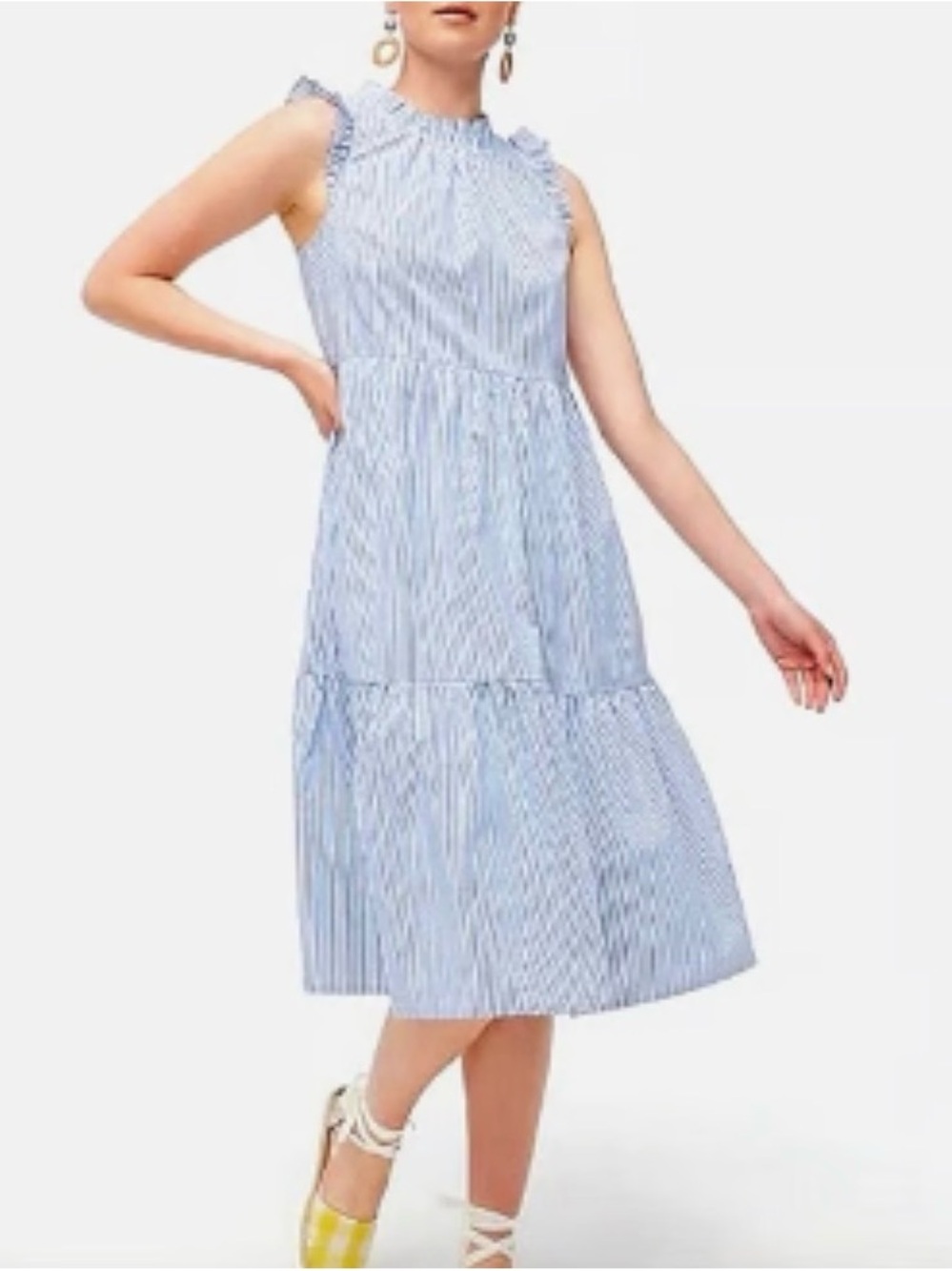 J.Crew Seersucker Coastal Blue White Stripe‎ Tiered Midi Dress Pockets 4P